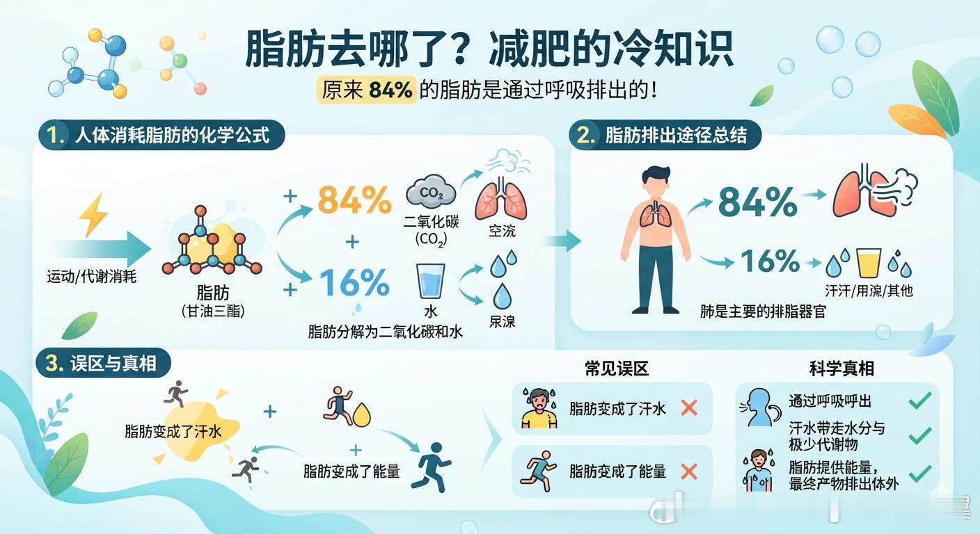 说一个减肥的冷知识被你减掉的脂肪，约84%都是通过呼吸排出体外的。很多人以为减
