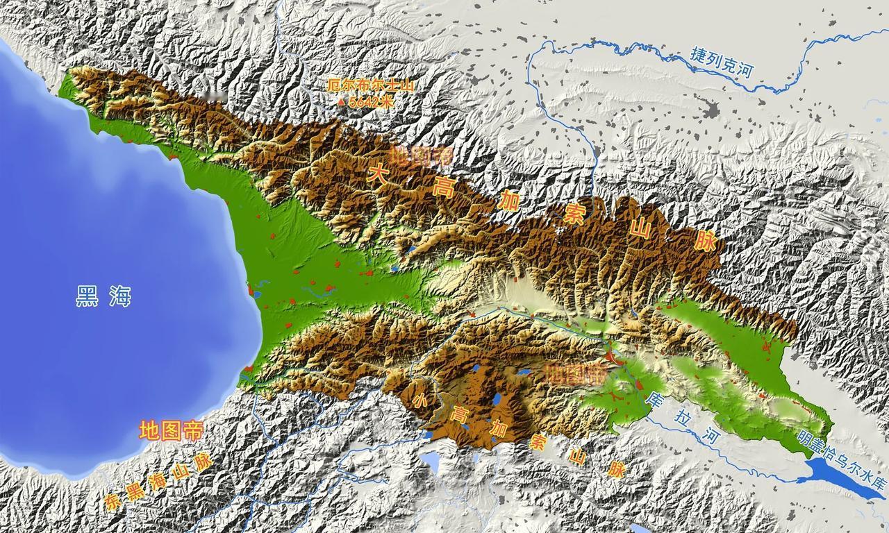 格鲁吉亚地形图，南北分别被大高加索山脉和小高加索山脉包围，西部沿海分布一些平原，