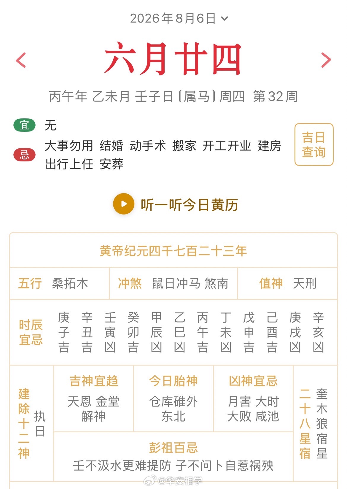 十二生肖每日简运仅供参考2026.8.6丙午年乙未月壬子日壬子天克地冲丙午：八