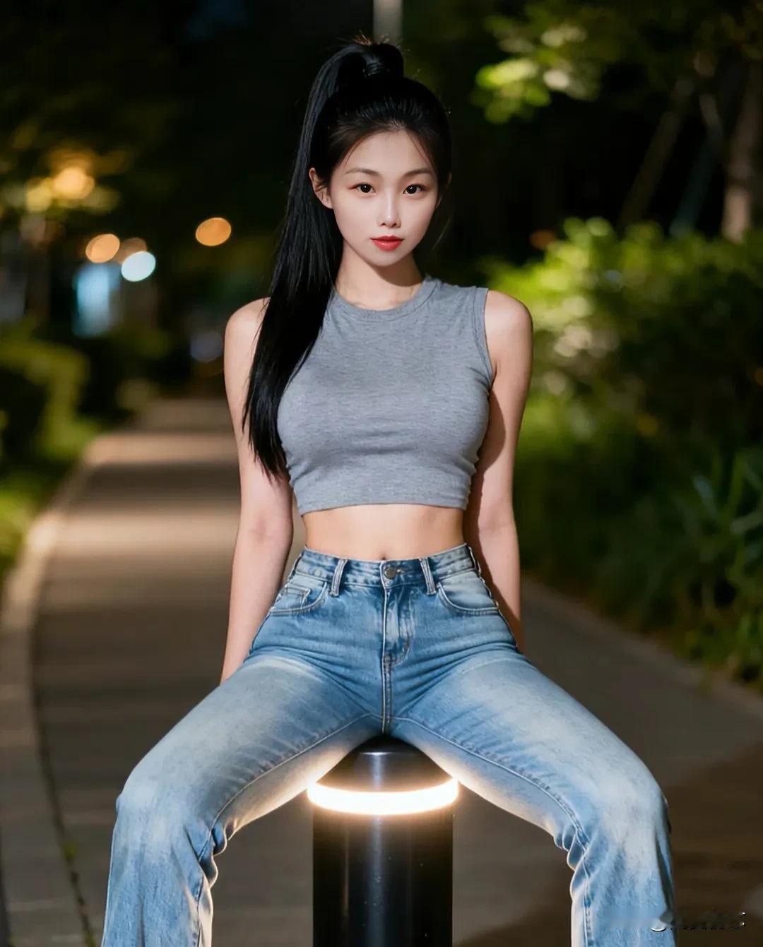 夜晚街拍，少女坐在路灯旁，时尚穿搭，清新自然。