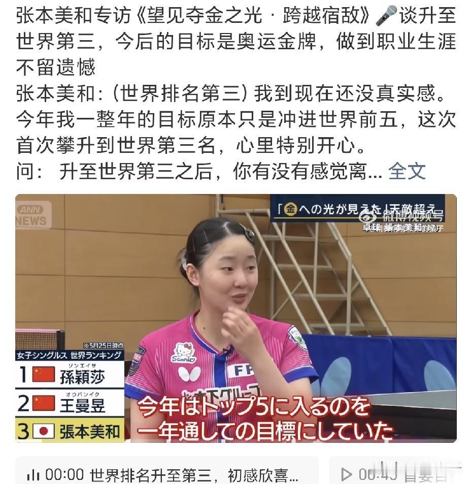 张本美和又接受日媒采访了。在谈到伦敦世乒赛决赛对阵王曼昱时，张本美和说：“我和