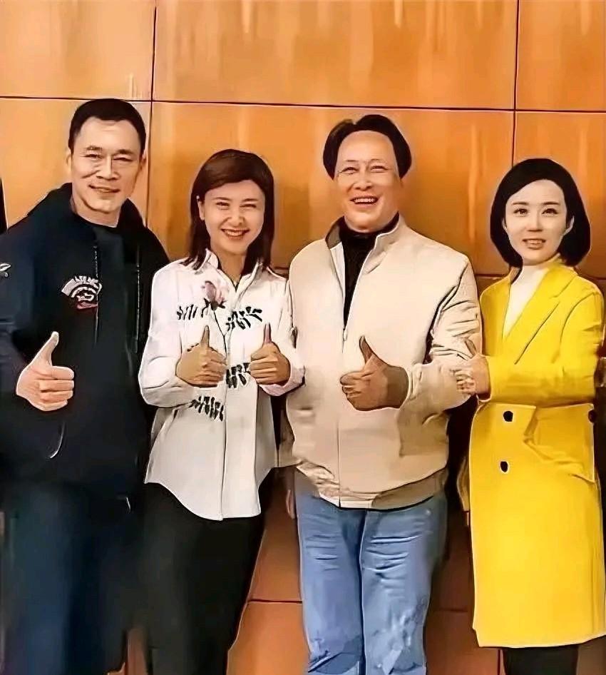 左一和左三是丁海峰和唐国强，左二和右一的美女是谁？尤其穿黄色大衣的美女颜值很高。