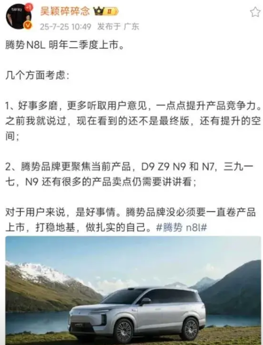 腾势N8L延期到明年二季度上市了。算是好消息，做精细化管理了。一款款产品打磨