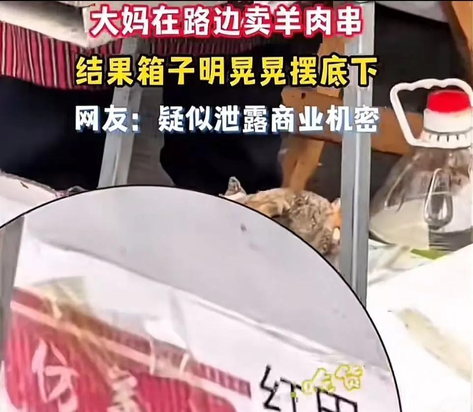 又气又想笑！近日报道，大妈在路边卖羊肉串，把进货的箱子明晃晃地摆在底下，这到底是