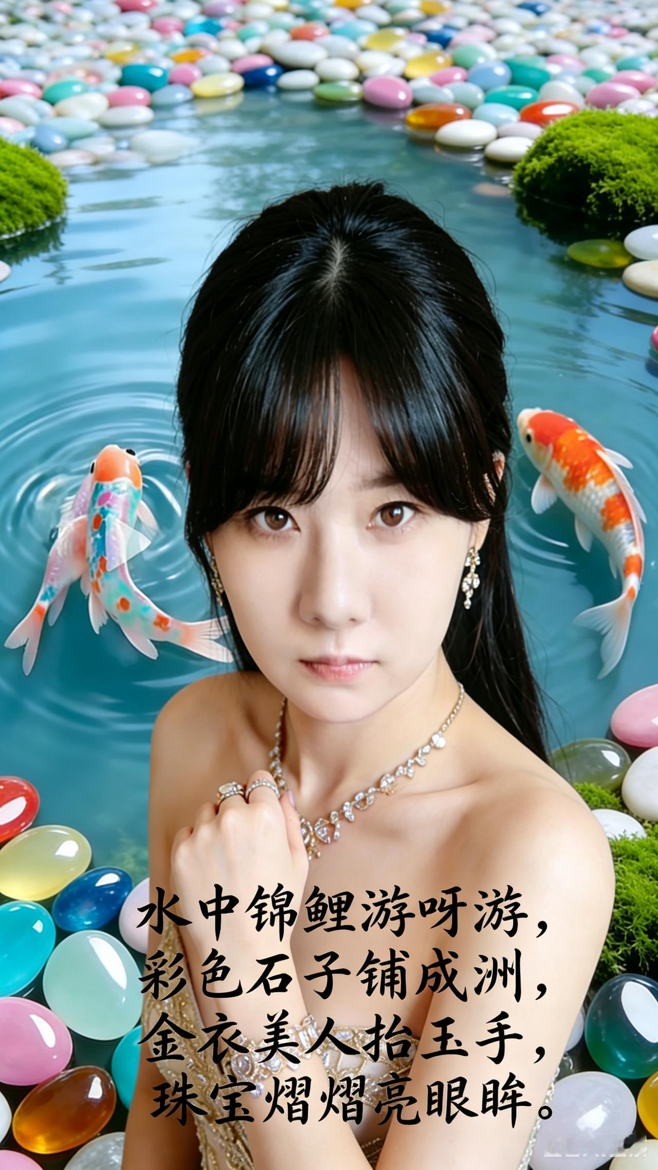 锦鲤戏水间，美人抚珠笑。她眼神你觉得怎样你评: