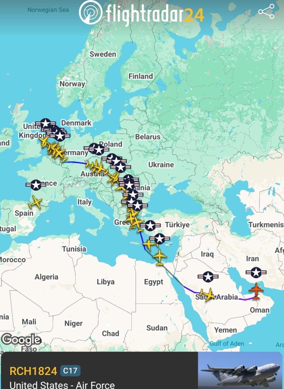 美军运输机密集飞往欧洲和中东。这里面有几个细节：1、美军运输机，避开了法