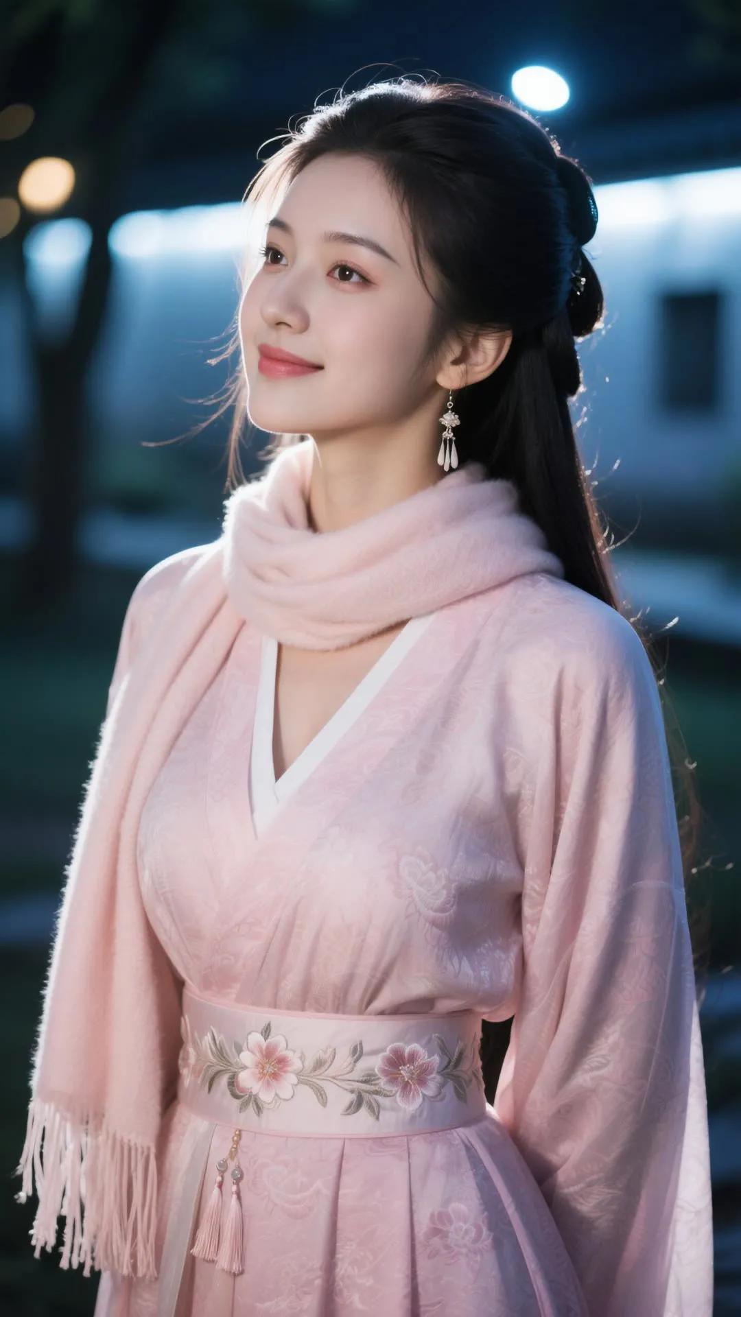 夜色中的温柔少女，粉色古风长裙，宛如画中仙子。