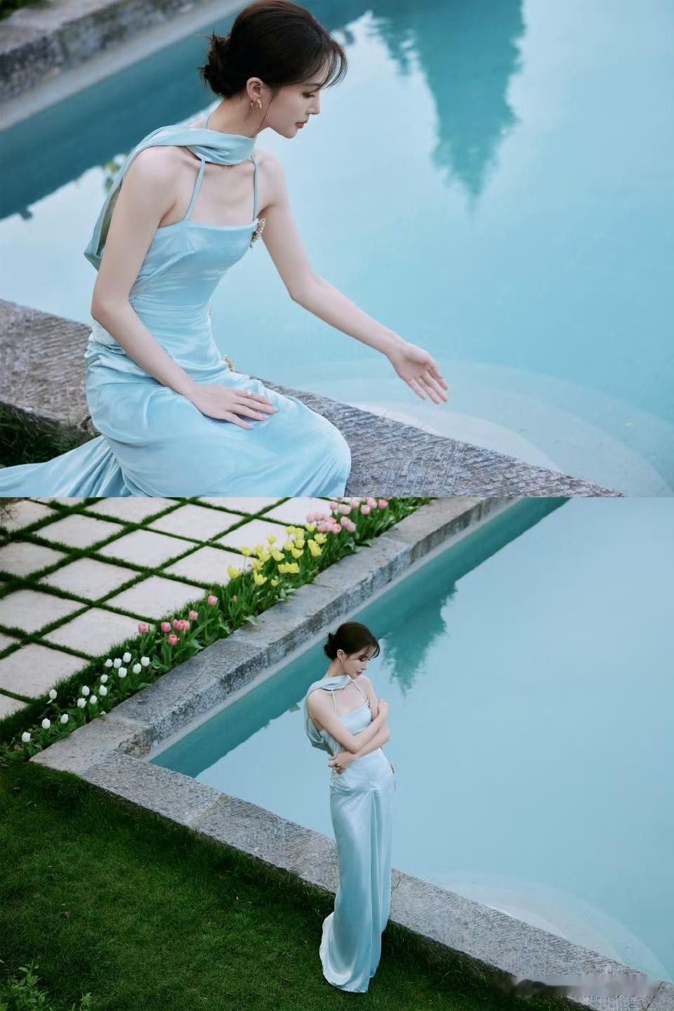 金晨这条淡蓝吊带长裙真的好好看！像把初秋的晴空穿在了身上，清爽又温柔。她怎么