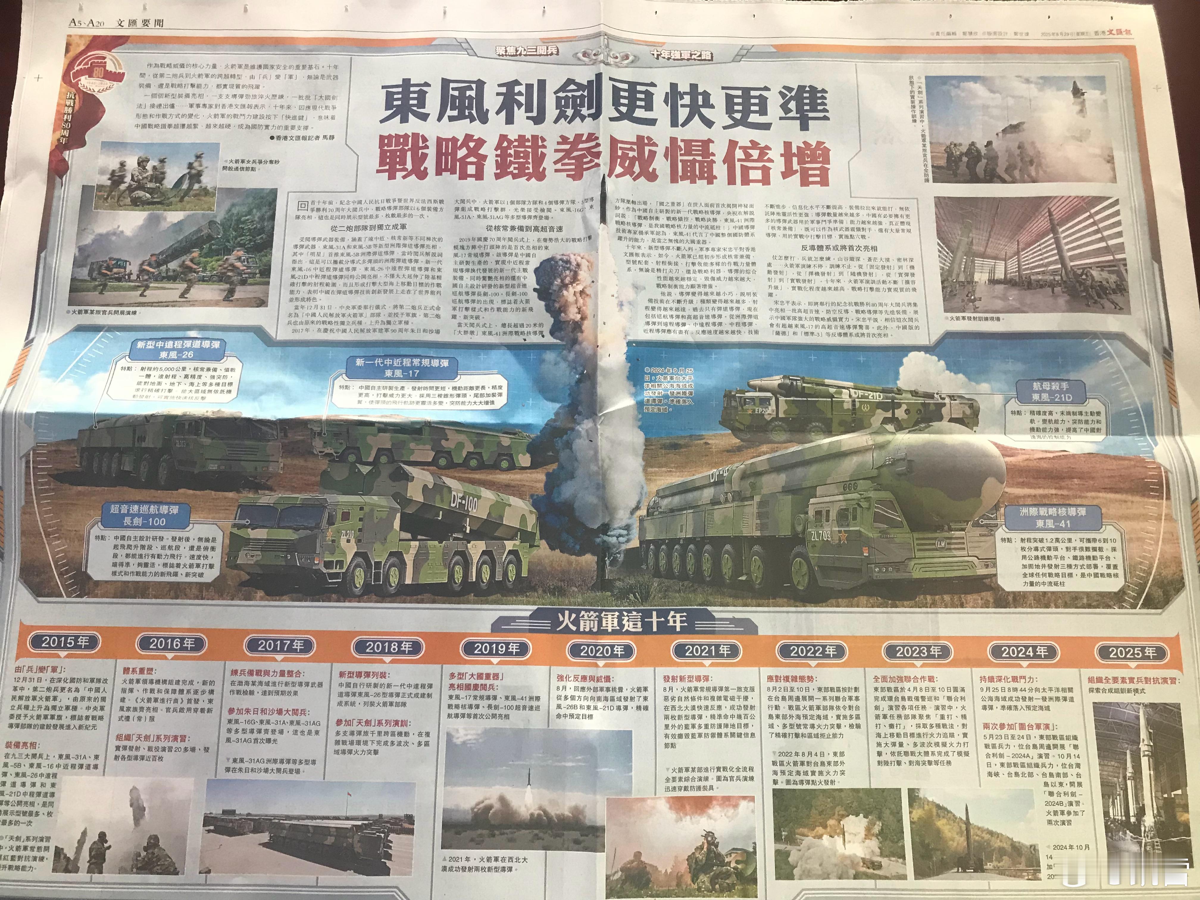 香港文汇报大阅兵跨版专题《东风利剑更快更准战略铁拳威慑倍增》2019年东风41