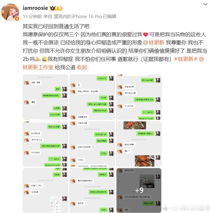司晓迪要求林更新道歉，并晒出疑似和林更新聊天记录，“我尊重你我也不打扰你但