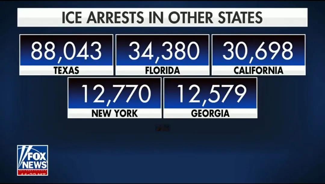 🚨美国移民执法（ICE）在德州逮捕了8.8万非法移民，佛罗里3.4万，加州3