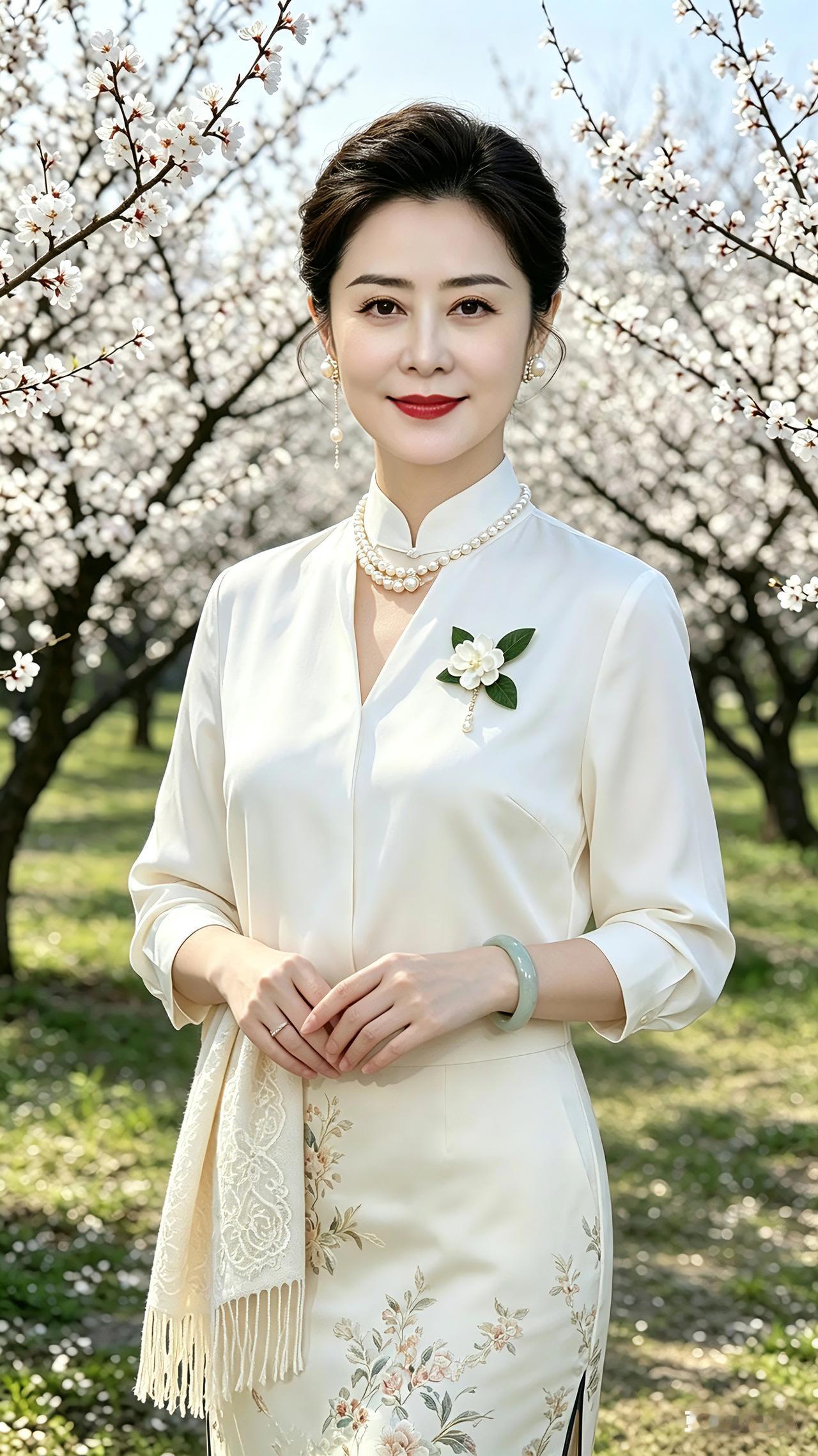 她身着素白旗袍静立在花树下。园间白花漫开，春风柔润宜人。这位女士身着米白色新中式