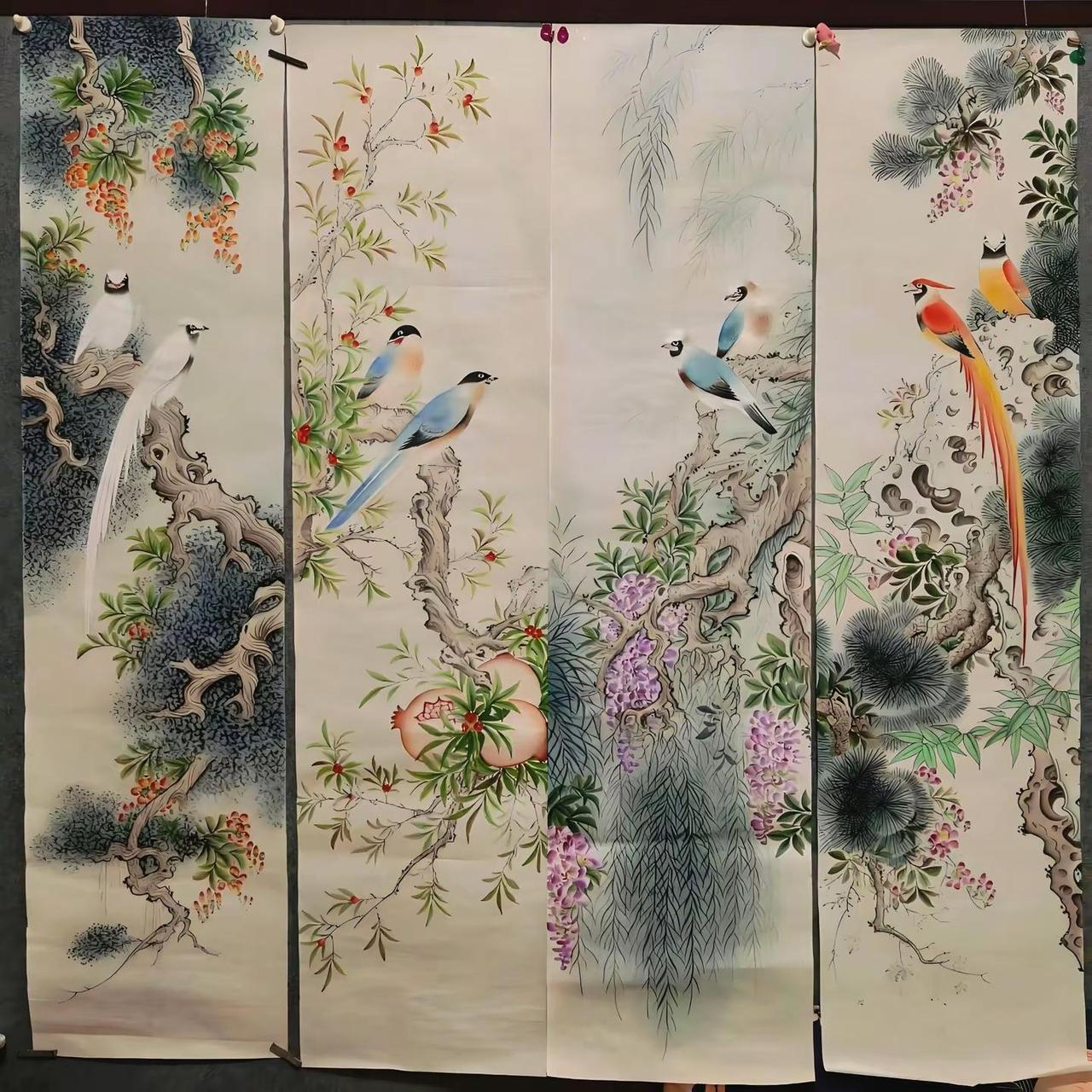 花鸟四条屏。工笔四条屏创作者中心创作灵感国画花鸟花鸟四条屏作品