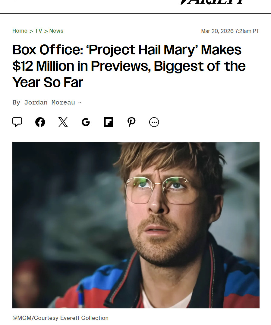 TNABO科幻片《挽救计划》北美提前场收1200万美元，创下亚马逊/米高梅历史