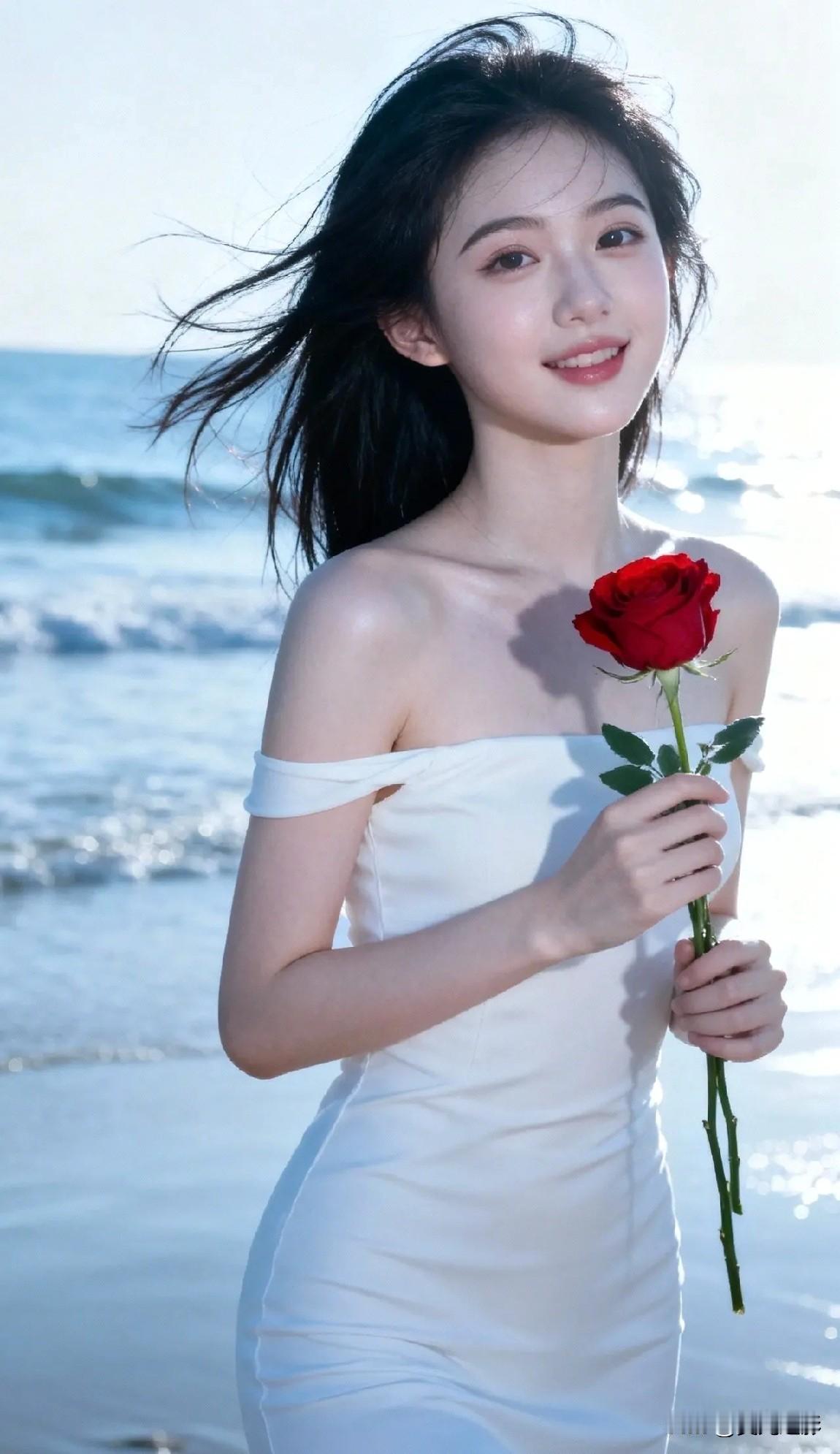 光之影海边漫步，手持红玫瑰，感受海风轻拂的浪漫时光。甜美的红玫瑰海边玫瑰夕