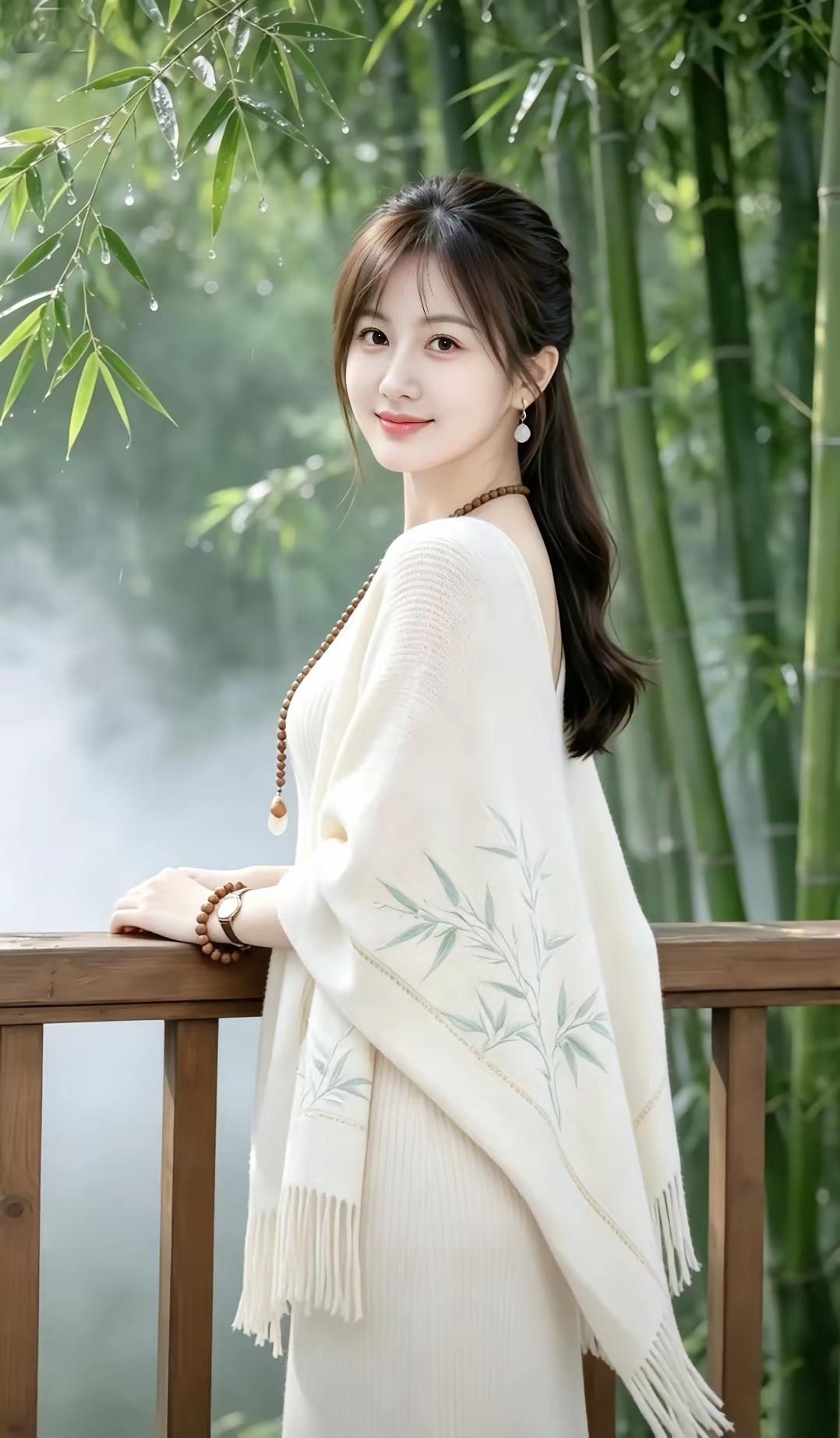 年轻东亚女生，浅棕褐色半扎长发，笑容明媚，身穿米白色V领针织长裙，外搭米白色流苏