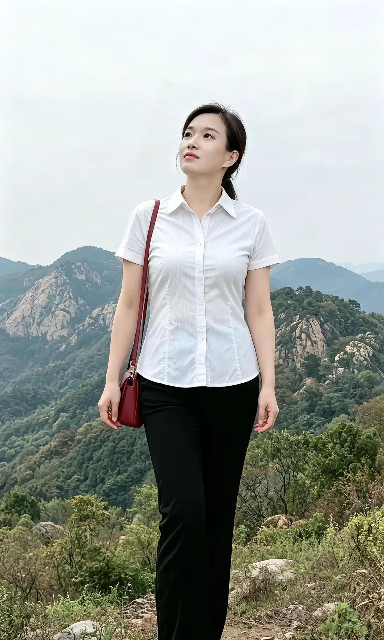 山间漫步，白衣飘飘，与自然融为一体。