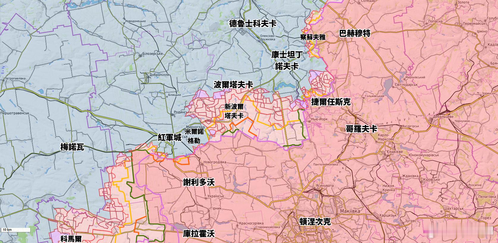 頓涅次克一線，雙方控制線2025年的逐月變化。烽火问鼎计划​​​