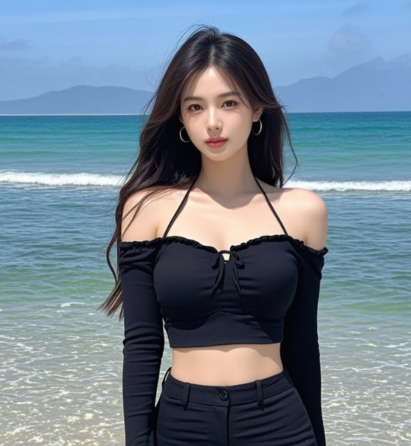 水天相接处，美女姐姐与海风私语