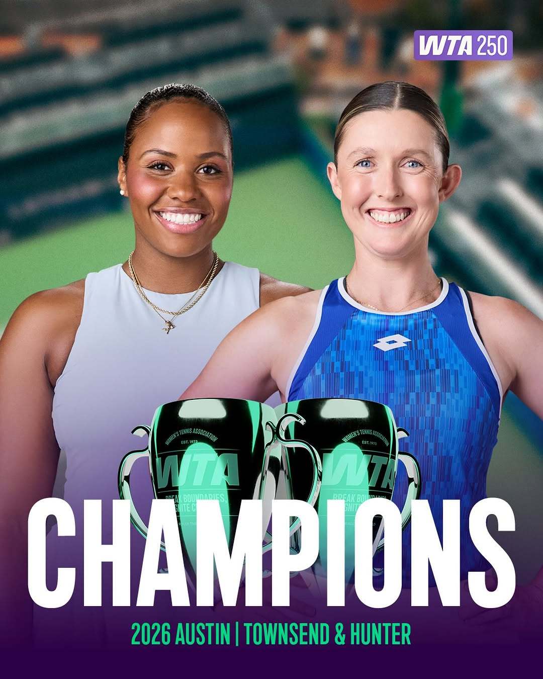 奥斯汀站双打冠军产生WTA250奥斯汀站双打决赛，头号种子亨特/汤森德以6-3