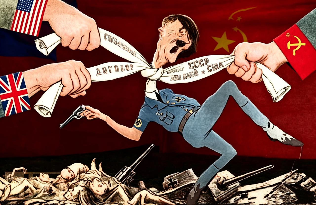 这是二战时期非常流行的一张漫画。英国、美国与苏联联合将德国的脖子死死勒住。德国已