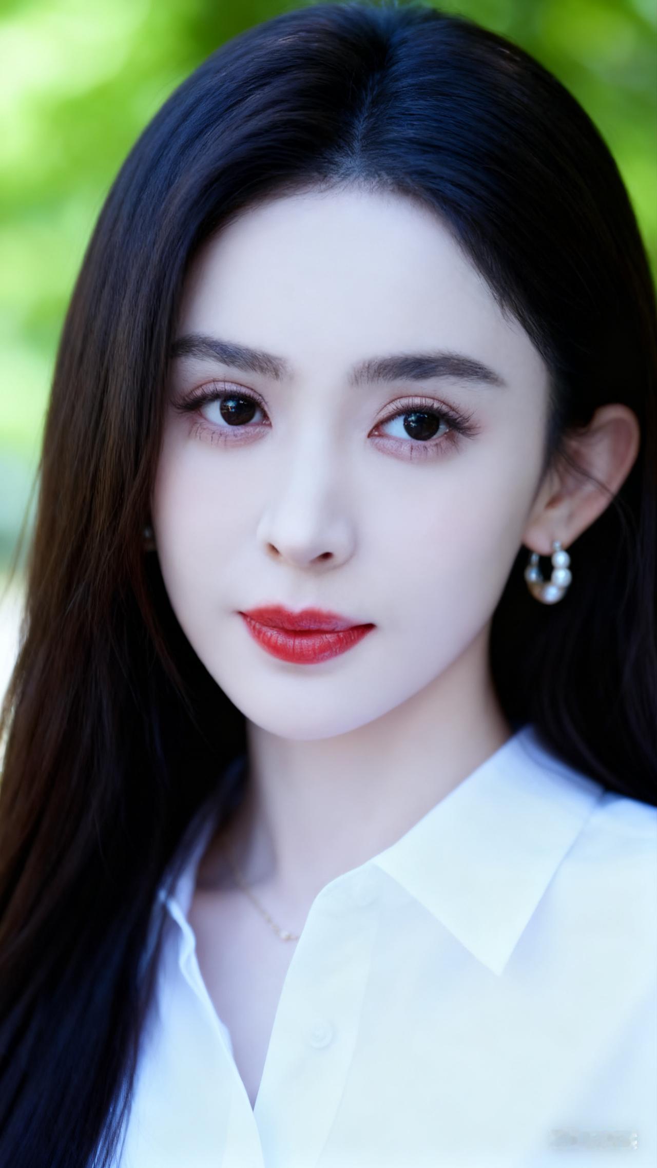 清新自然，白皙肌肤，红唇点缀，优雅动人。