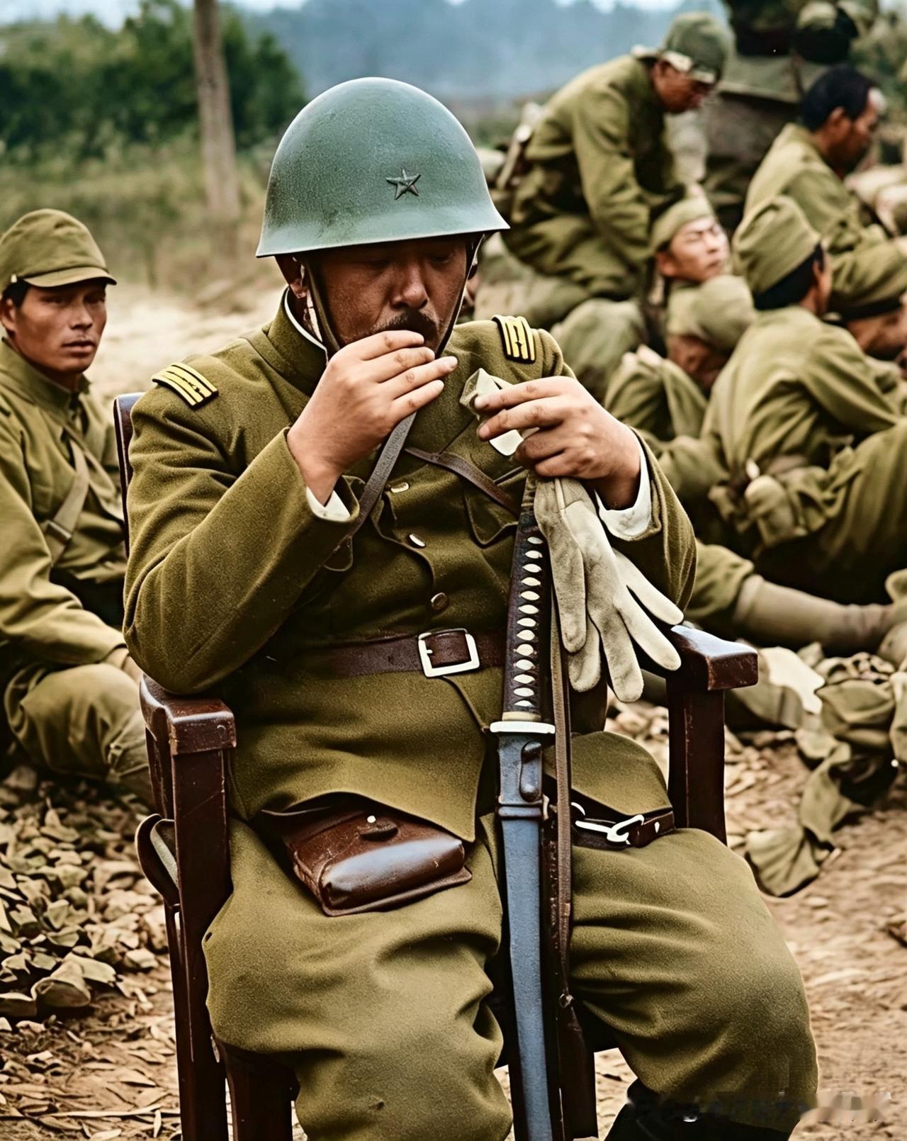 1938年的中国战场上，一个日军坐在椅子上不知是在吃食物还是在吸烟，从他军服上看