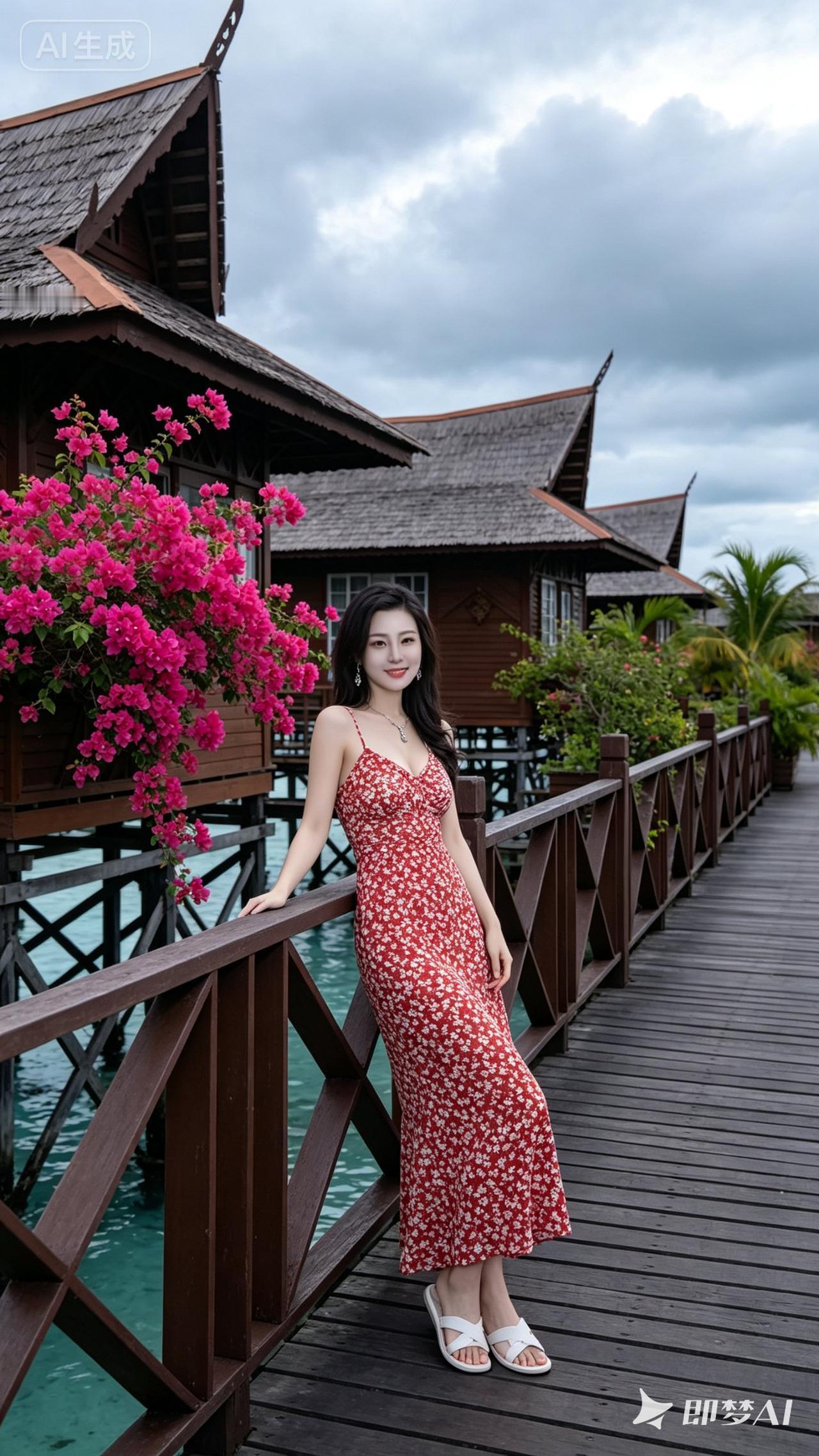 海边度假风，红裙与木屋的浪漫邂逅🌴💃