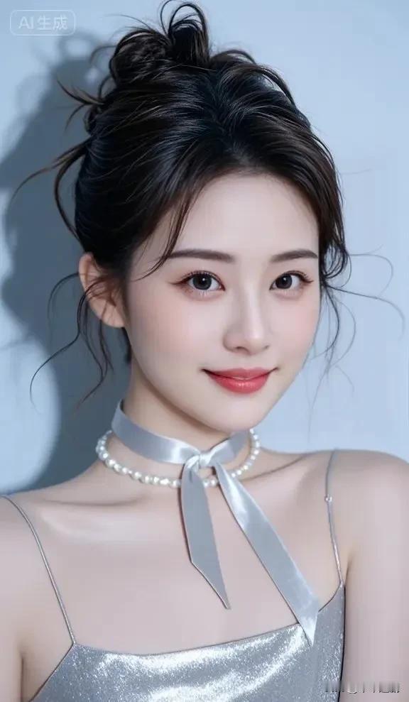 银缎裙裹着碎光，颈间珍珠缠了条柔纱，松挽的发梢垂着软意。唇色轻染的笑，像把月光揉