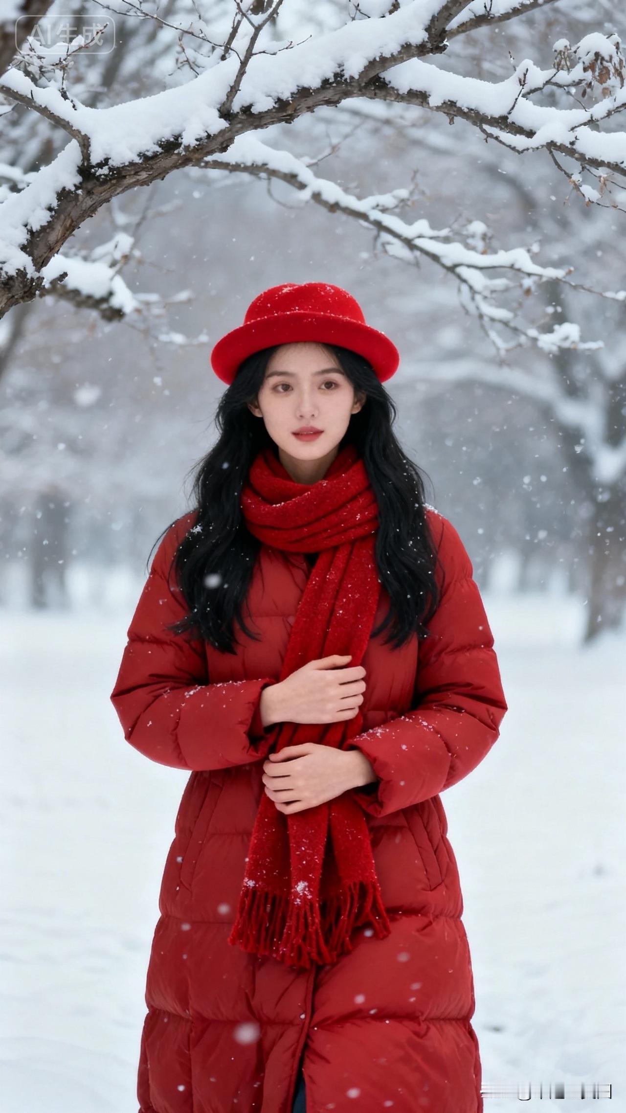 冬日雪景中的红衣少女，温暖如火，美不胜收。