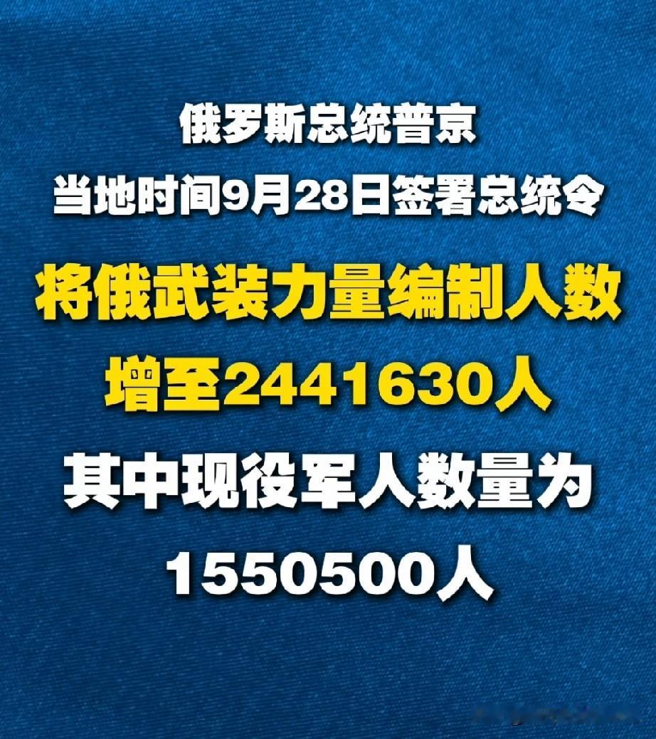 俄罗斯宣布俄武装力量编制人数增加至244.16万人。俄罗斯目前人口约为1.4