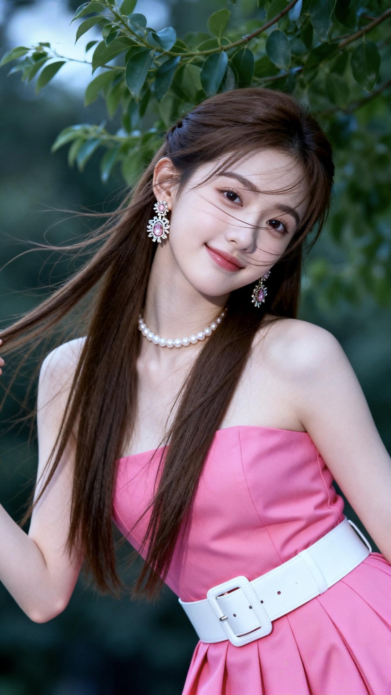 甜美粉裙少女，珍珠项链与耳环点缀，绿叶背景下的清新甜美。