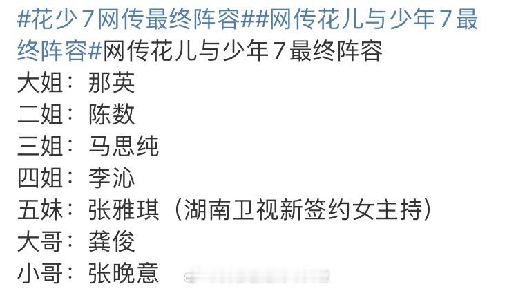 网传花儿与少年7最终阵容，女生变了，男生没变，还是龚俊和张晚意大姐：那英二姐：陈