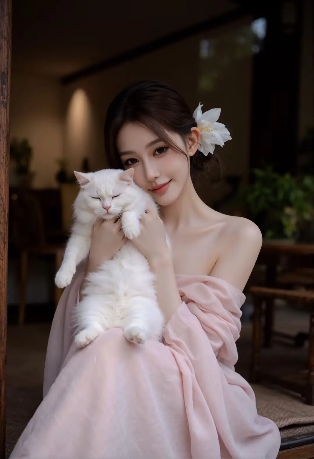粉色系新中式 中式庭院 猫咪合照