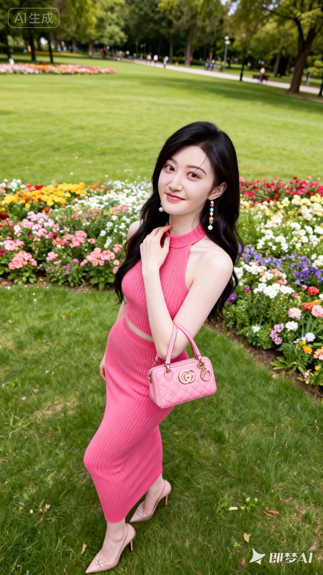 粉色连衣裙搭配Gucci手袋，在花海中绽放迷人魅力！🌸💃🏻
