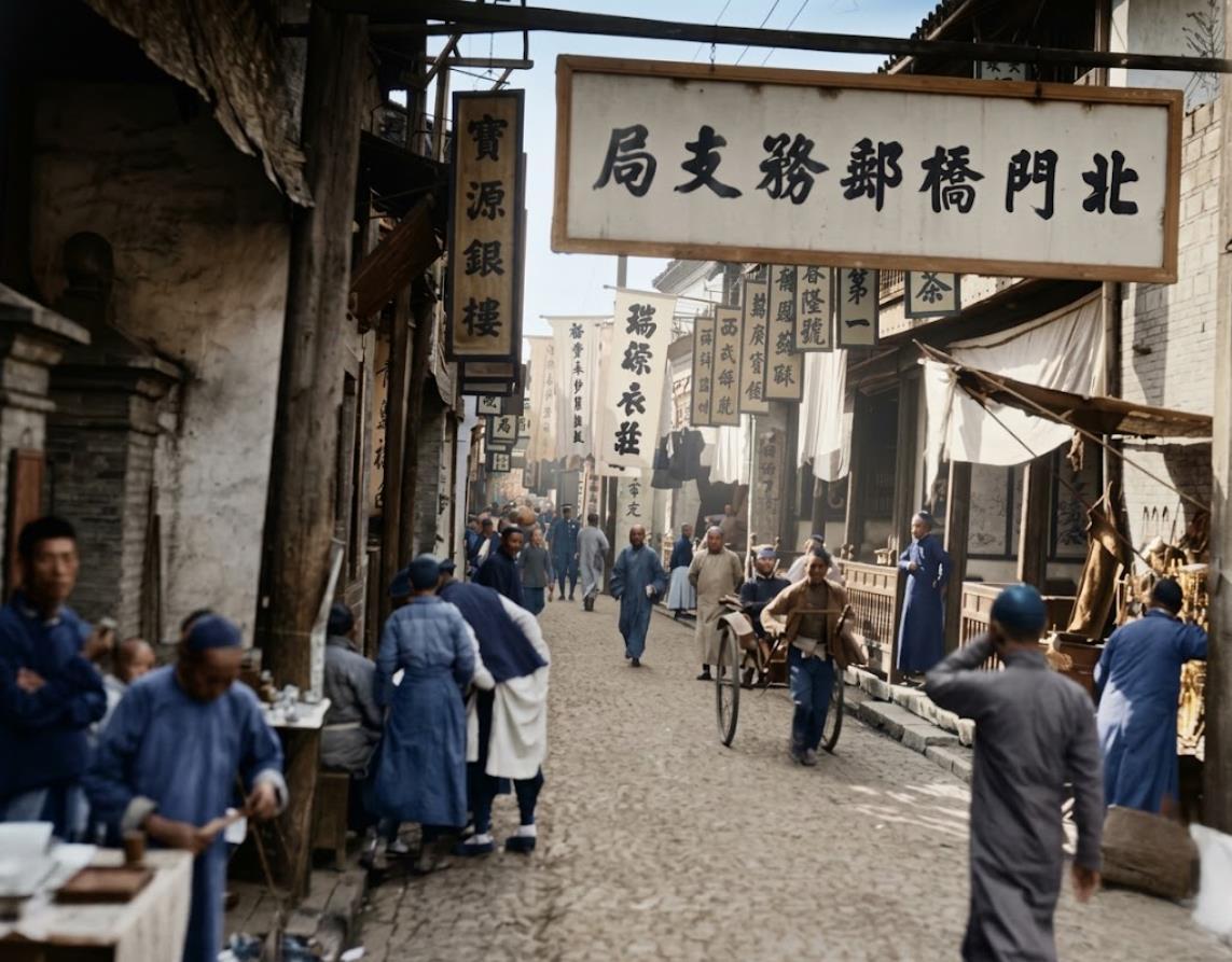 1919年，南京北门桥街，商铺林立、招牌繁密，石板路上行人长衫推车交织，透着乱世
