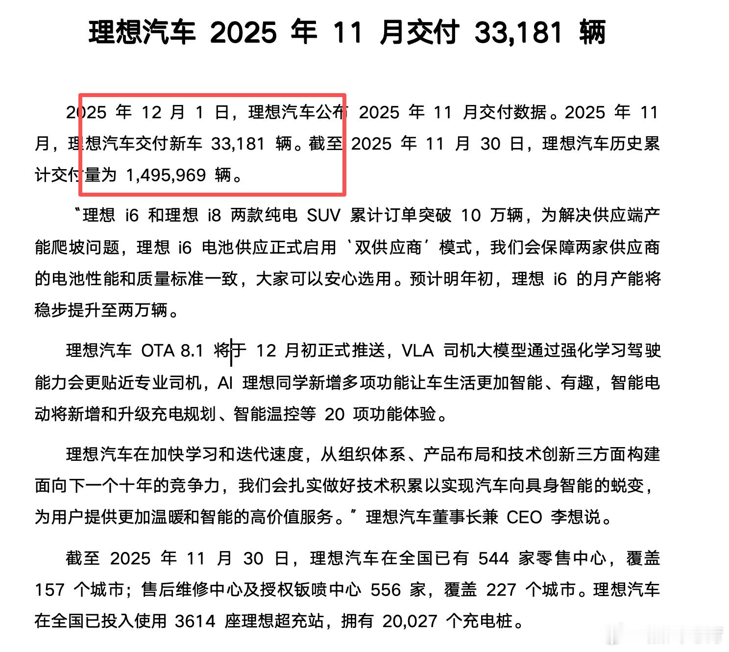 汽车销量2025年11月，理想汽车交付新车33181辆；累计交付149.6万辆