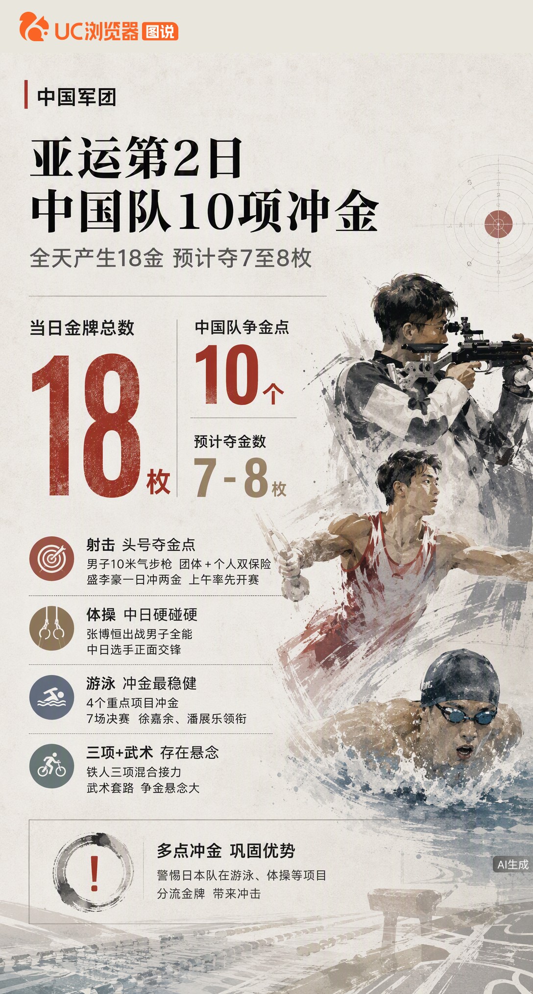 亚运第2日产生18金，中国队有10个冲金点！盛李豪一日冲击两金，游泳4项领衔，但体操全能中日正面交锋