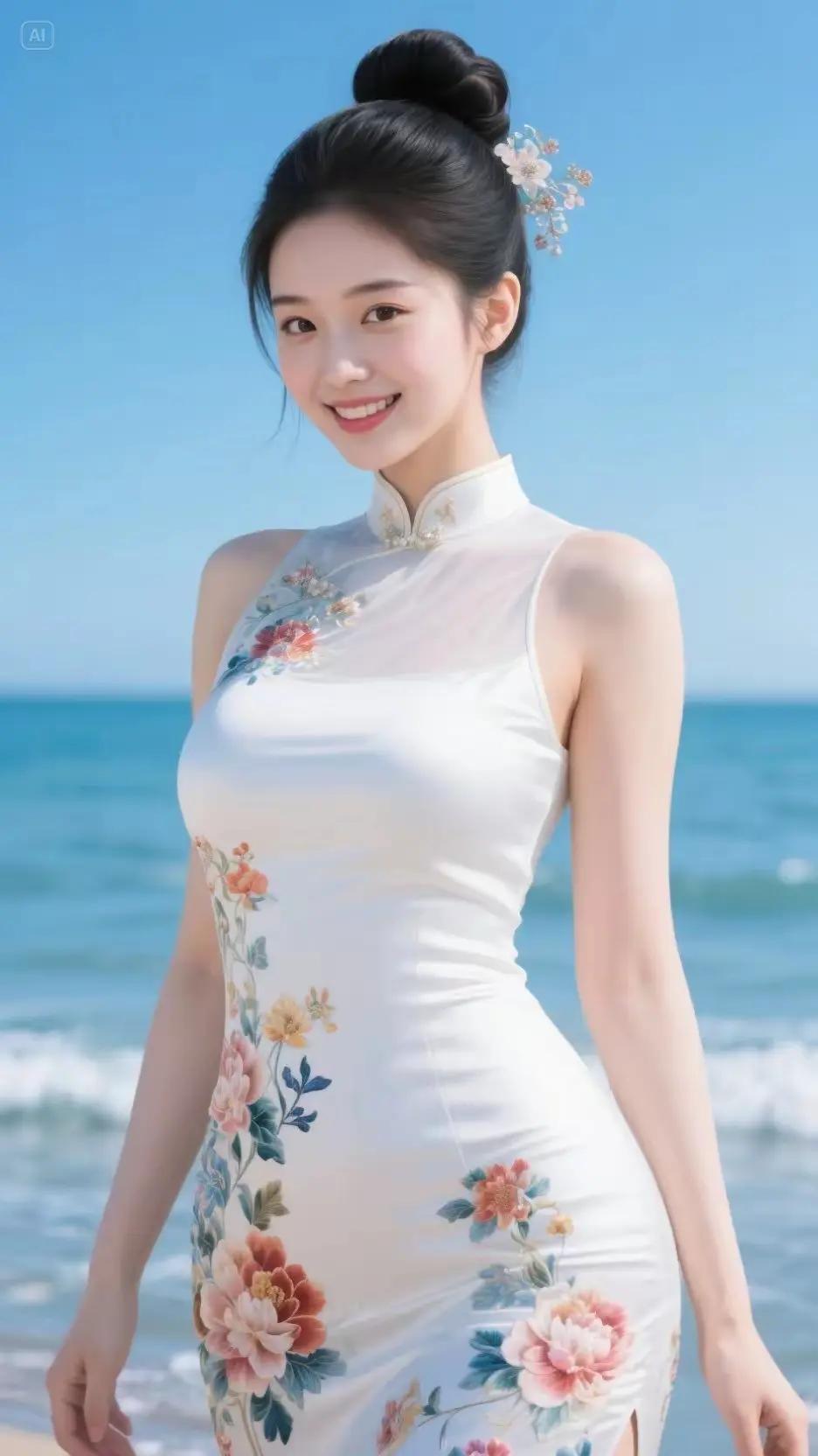 上联：此女只应天上有，下联：唇边带笑羞百花。