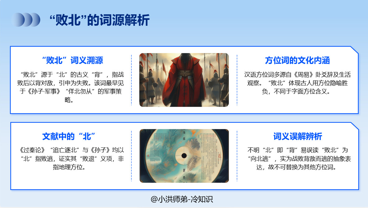 打败仗为什么叫“败北”，而不叫“败东”或“败西”呢？“败北”就是打败仗，也引申为