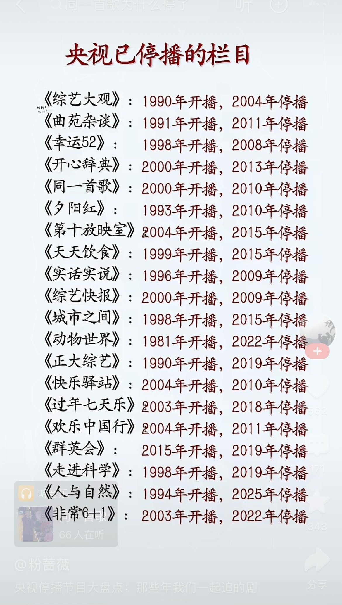 记录者央视历年来已停播的节目一览表，知道五个的人都不年轻了。