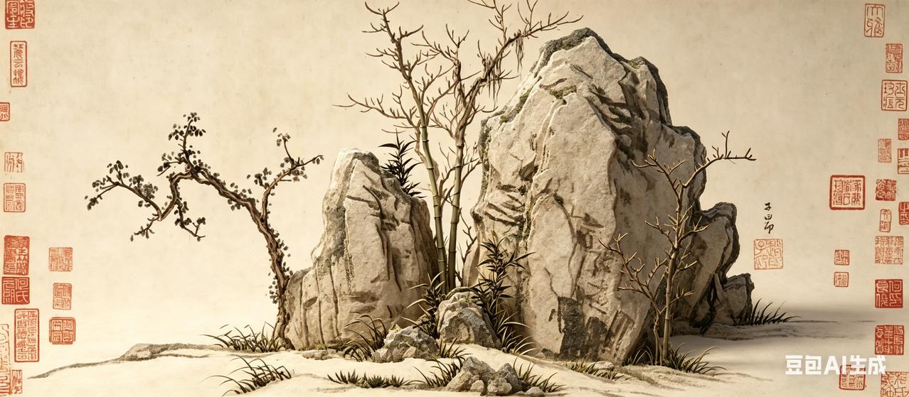 赵孟頫《秀石疏林图》：赵孟頫这幅《秀石疏林图》，就像是一场大自然的极简派对，石头