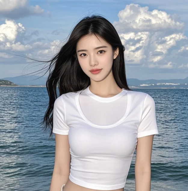 她站在浪花里，像一幅会呼吸的画