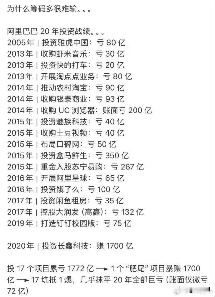 阿里的收入和投资亏损，说白了就是“主业养副业，副业大多打水漂，但关键时候又能靠一