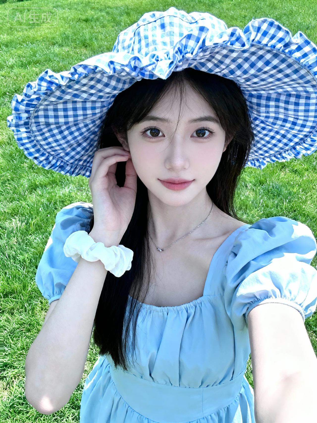 浅蓝泡泡袖裙+格纹大檐帽=草坪里的夏日甜豆💙浅蓝粉裙浅蓝星星裙穿搭花苞裙衬