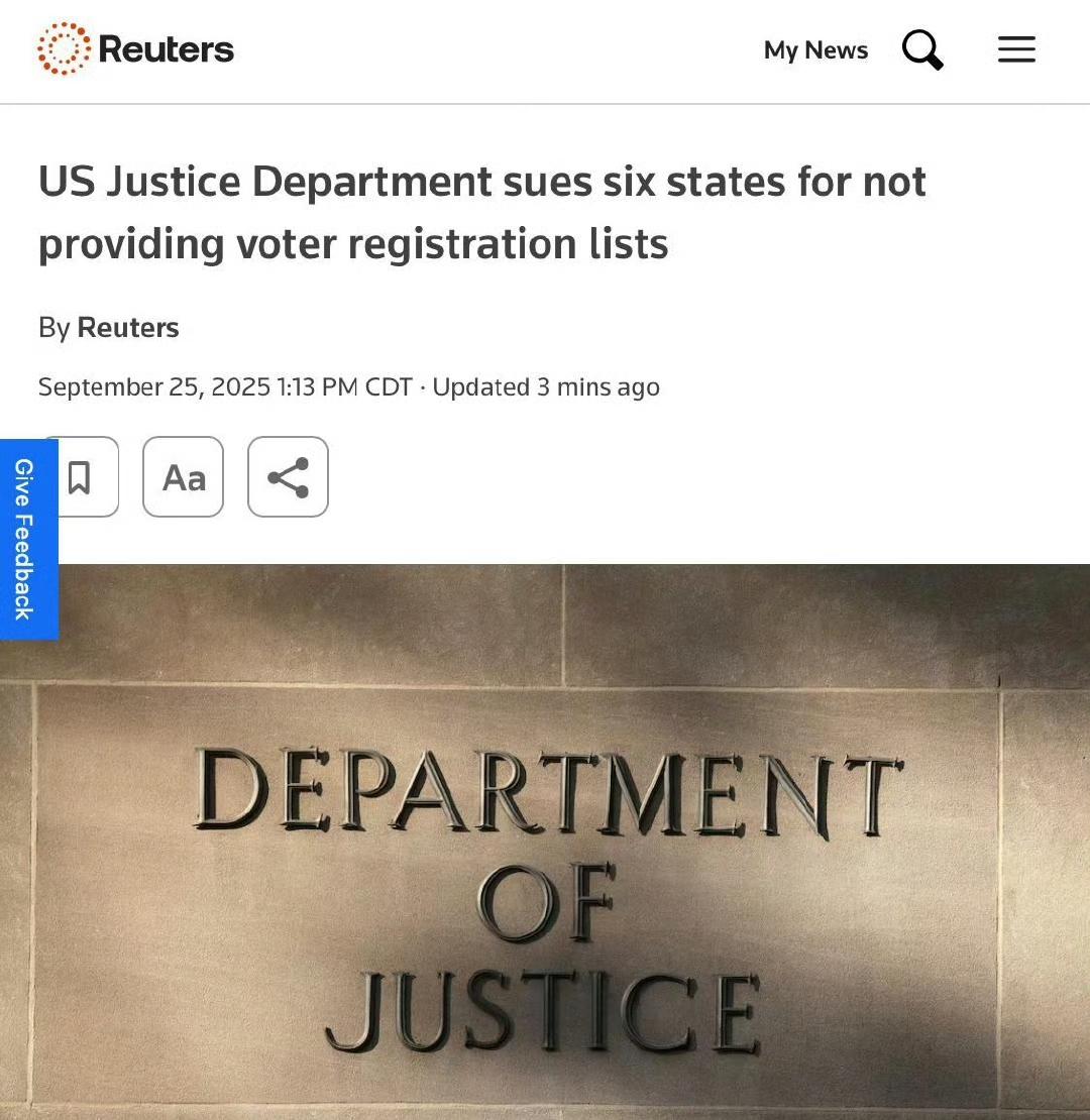 美国司法部于周四表示，已对加州、纽约以及其他四个州提起诉讼，原因是这些州未向司法