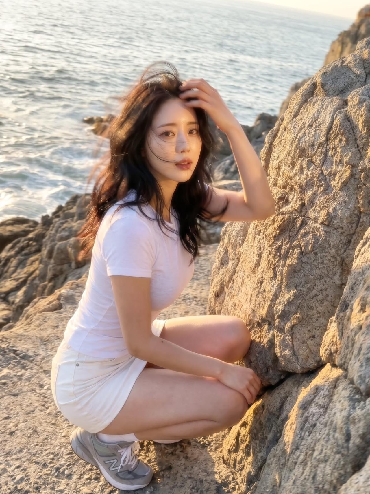 海边日落下的温柔时光，少女与海浪的浪漫邂逅。