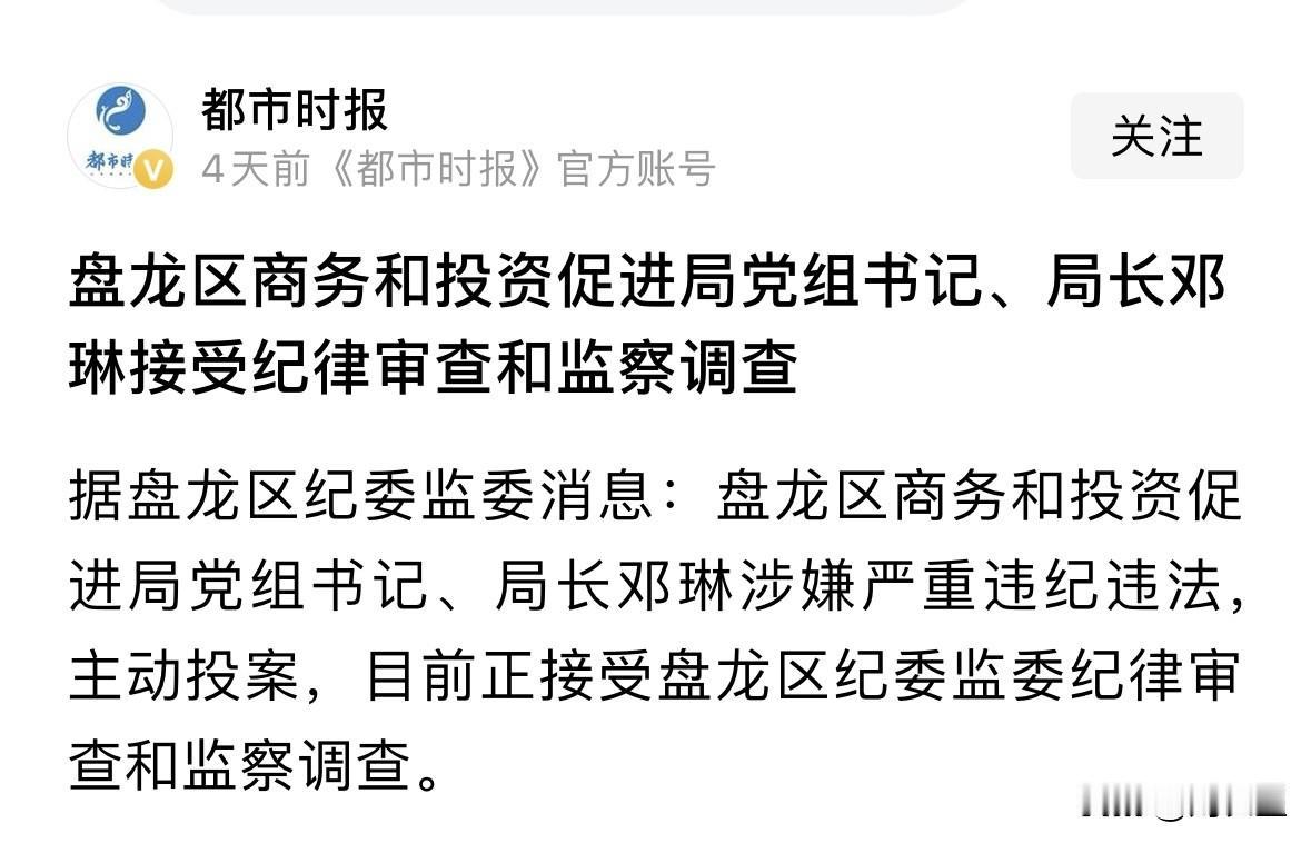 涉嫌严重违纪违法，邓琳被查据盘龙区纪委监委消息：盘龙区商务和投资促进局党组书记
