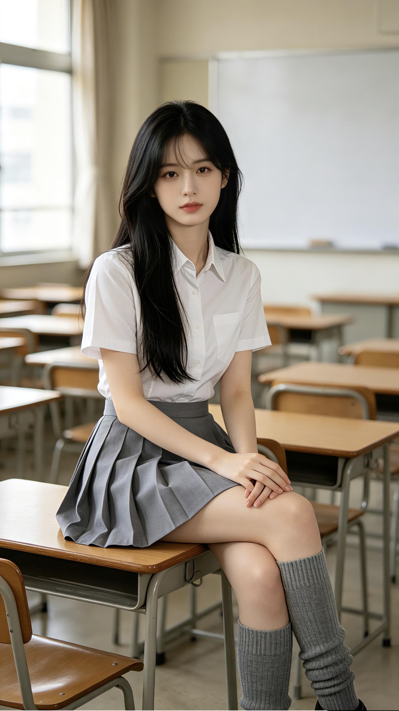 校园少女风，白衬衫+灰色百褶裙，青春气息满满！💕
