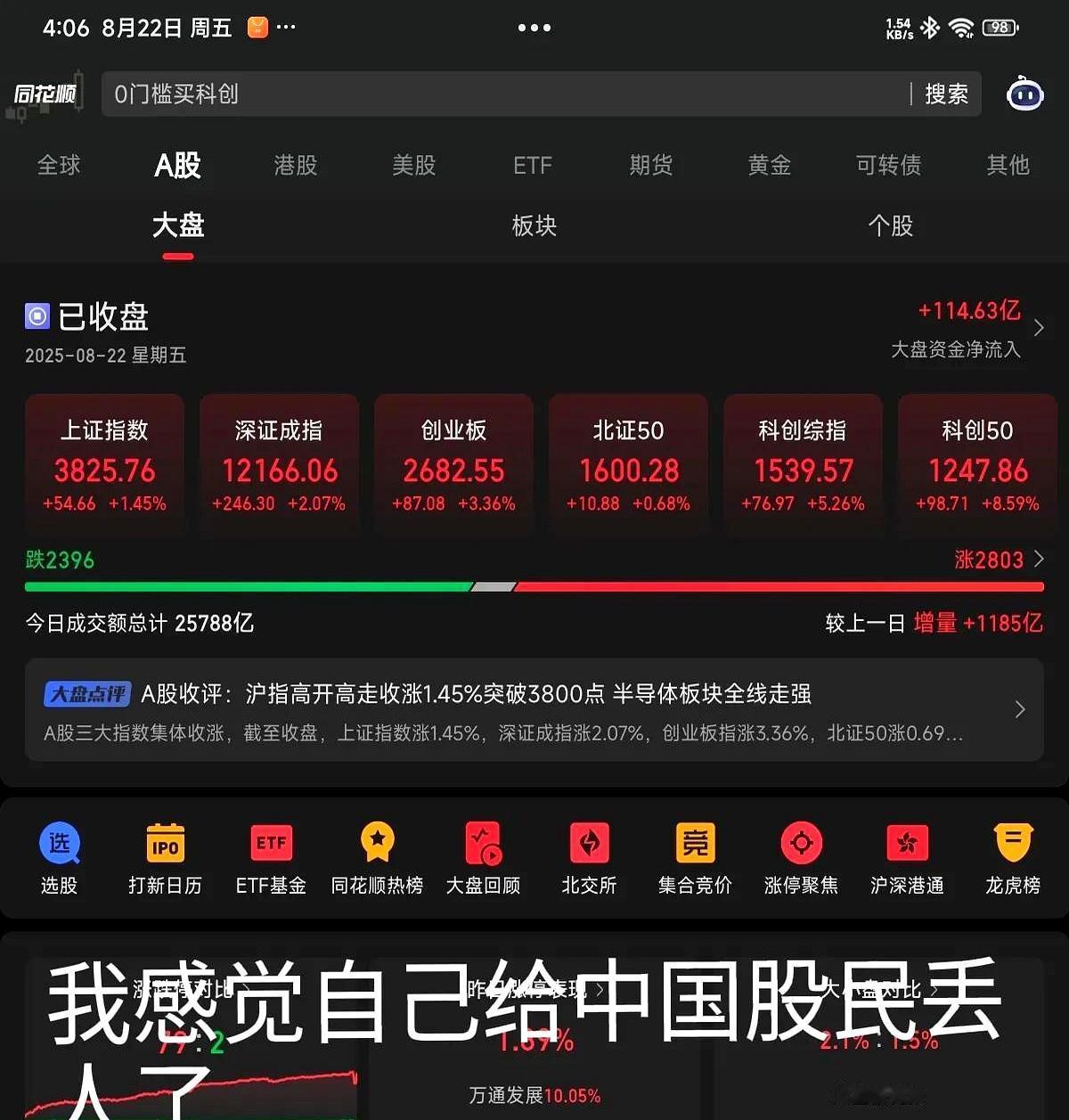 8月22日，上证摸高3800，创业板飙3.36%，我却倒亏3.14%。网友@